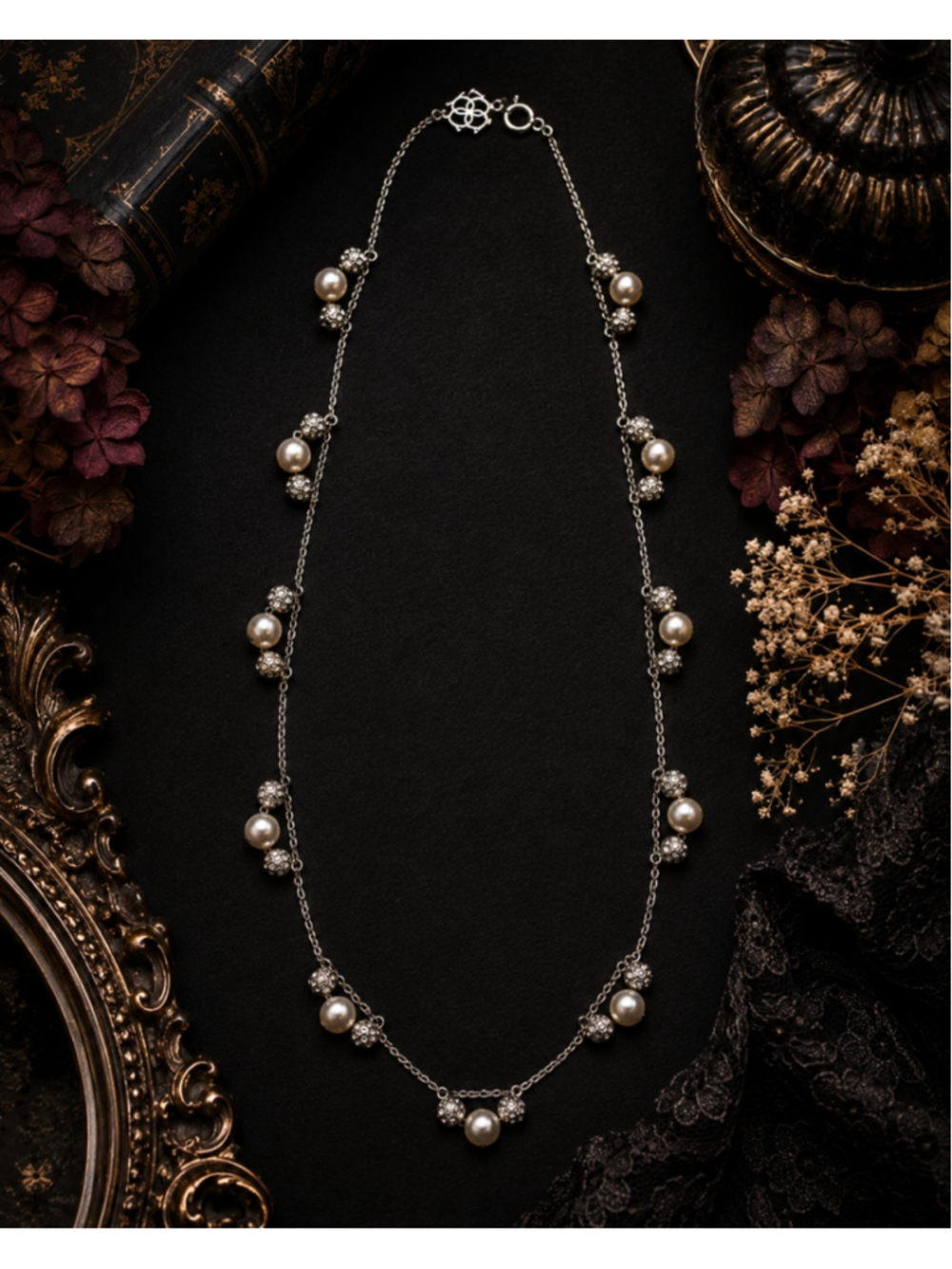 Ann Taylor Silver Tone Faux Pearl & Crystal Station Necklace 32" Long